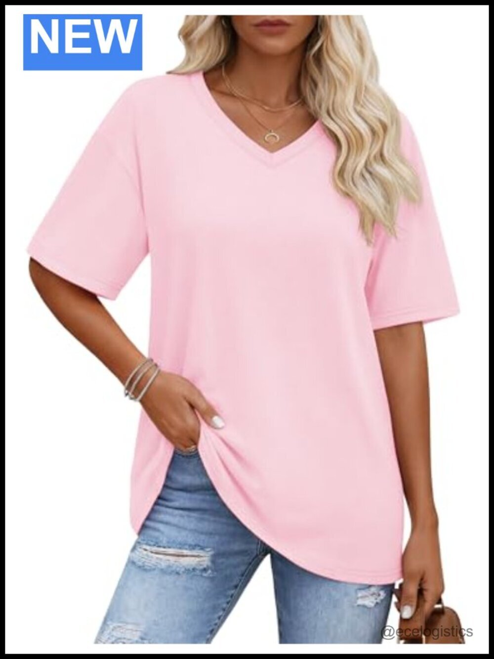 Oversized V Neck Short Sleeve T-Shirt with UPF 50+ Sun Protection